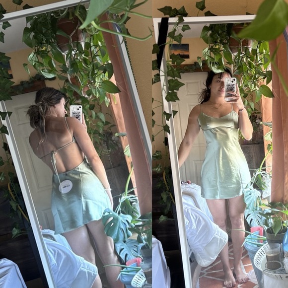 Princess Polly Clemence Sage Green Backless Tie Back Satin Mini Dress - Picture 3 of 14